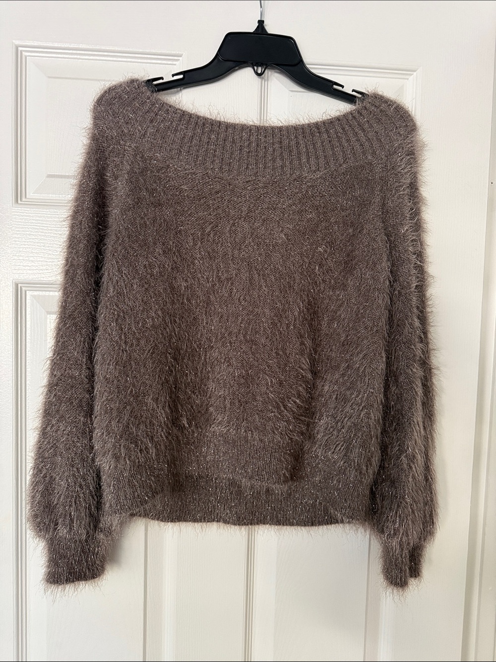 Express Fuzzy Boatneck Sweater in Taupe